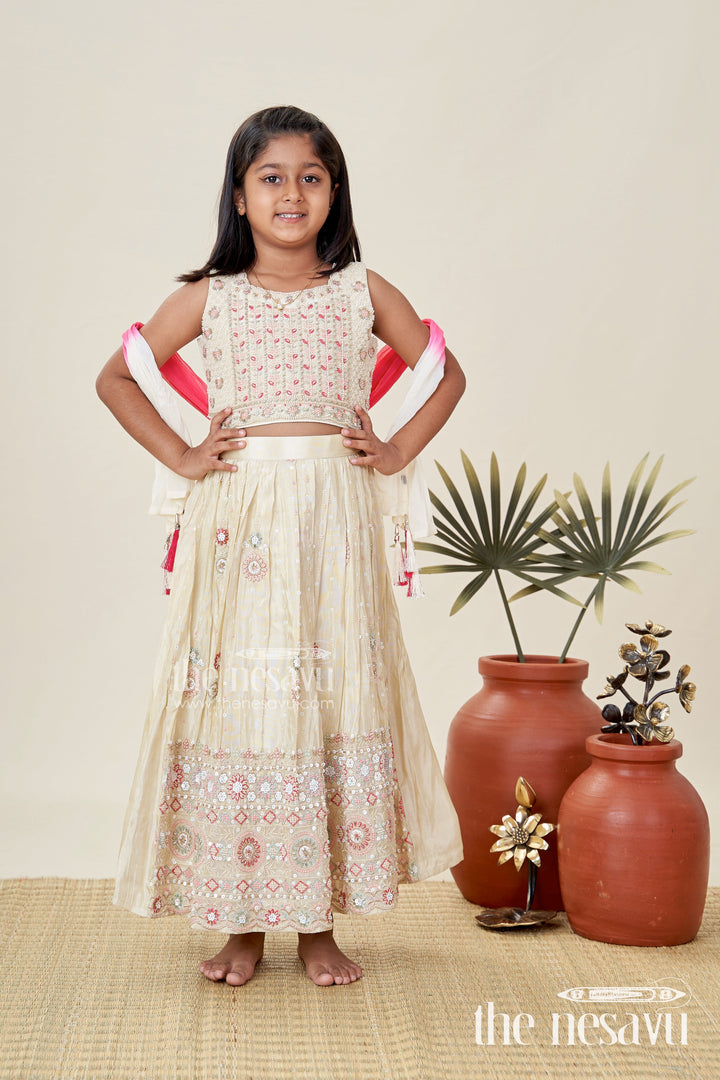 The Nesavu Girls Lehenga Choli Reception Lehenga for Girls Sequinned Party Look Nesavu Nesavu Girls Cream Pink Reception Lehenga Choli Sequin Embellishments Gold Embroidery