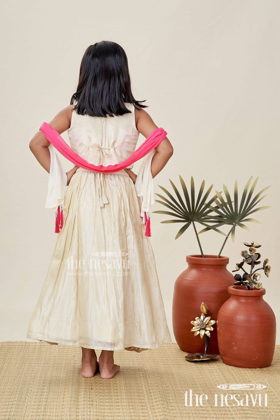 The Nesavu Girls Lehenga Choli Reception Lehenga for Girls Sequinned Party Look Nesavu Nesavu Girls Cream Pink Reception Lehenga Choli Sequin Embellishments Gold Embroidery