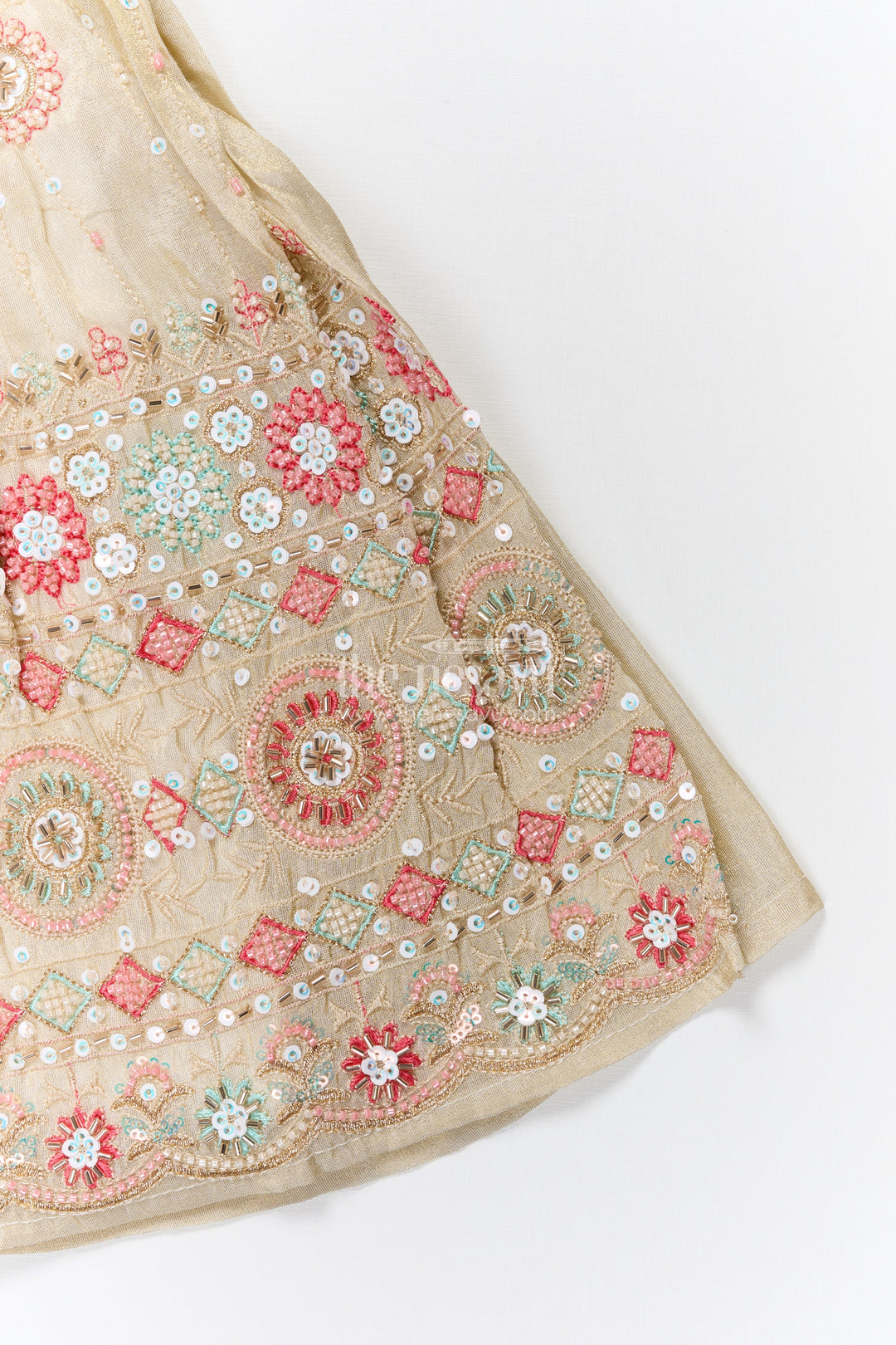 The Nesavu Girls Lehenga Choli Reception Lehenga for Girls Sequinned Party Look Nesavu Nesavu Girls Cream Pink Reception Lehenga Choli Sequin Embellishments Gold Embroidery