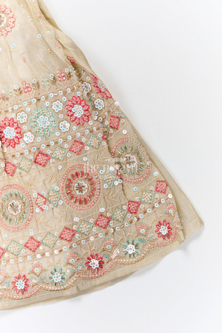 The Nesavu Girls Lehenga Choli Reception Lehenga for Girls Sequinned Party Look Nesavu Nesavu Girls Cream Pink Reception Lehenga Choli Sequin Embellishments Gold Embroidery