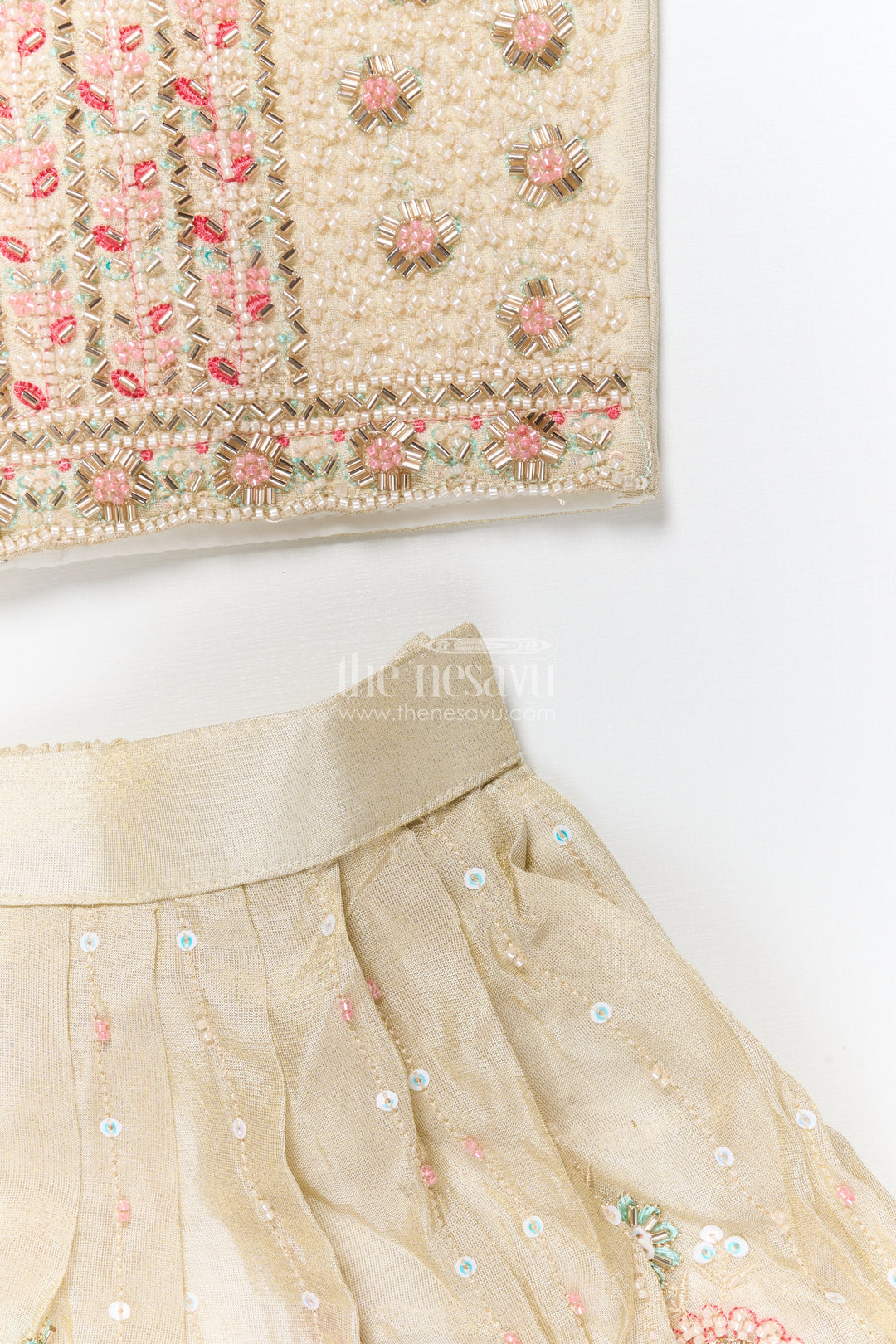 The Nesavu Girls Lehenga Choli Reception Lehenga for Girls Sequinned Party Look Nesavu Nesavu Girls Cream Pink Reception Lehenga Choli Sequin Embellishments Gold Embroidery