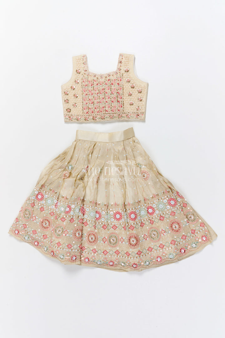 The Nesavu Girls Lehenga Choli Reception Lehenga for Girls Sequinned Party Look Nesavu Nesavu Girls Cream Pink Reception Lehenga Choli Sequin Embellishments Gold Embroidery