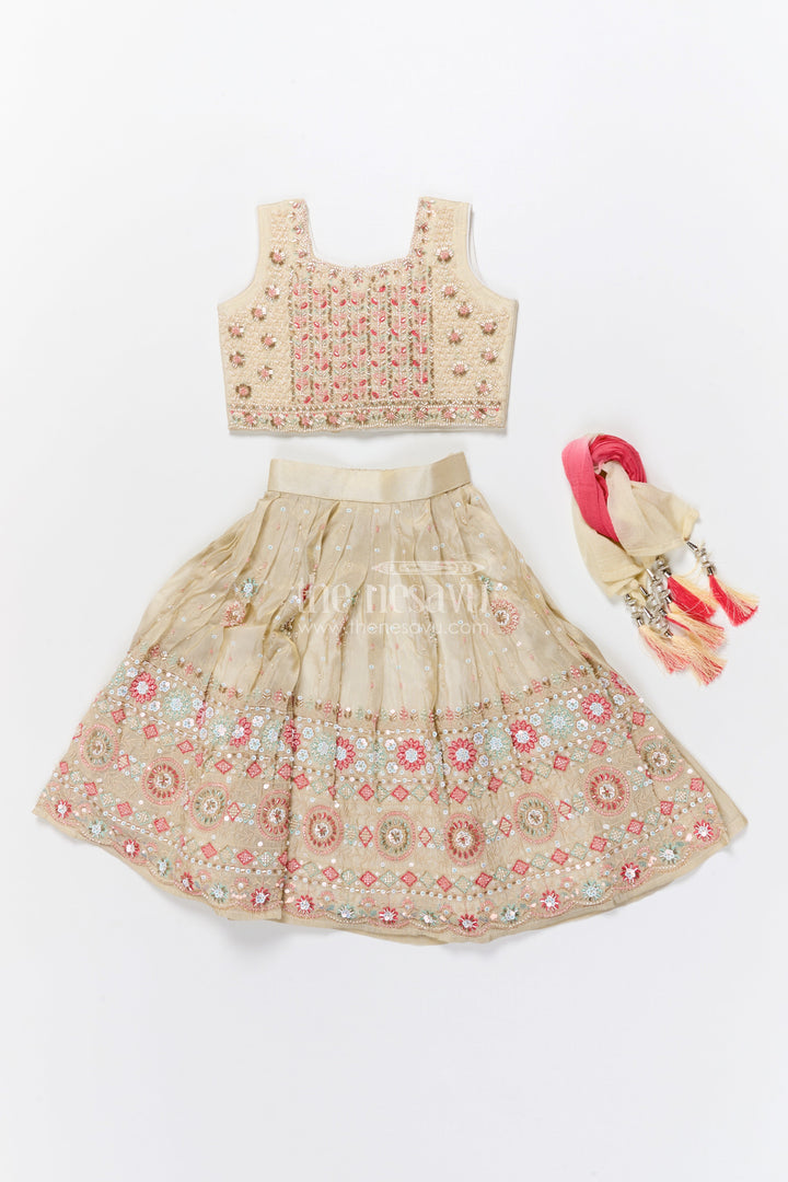 The Nesavu Girls Lehenga Choli Reception Lehenga for Girls Sequinned Party Look Nesavu Nesavu Girls Cream Pink Reception Lehenga Choli Sequin Embellishments Gold Embroidery