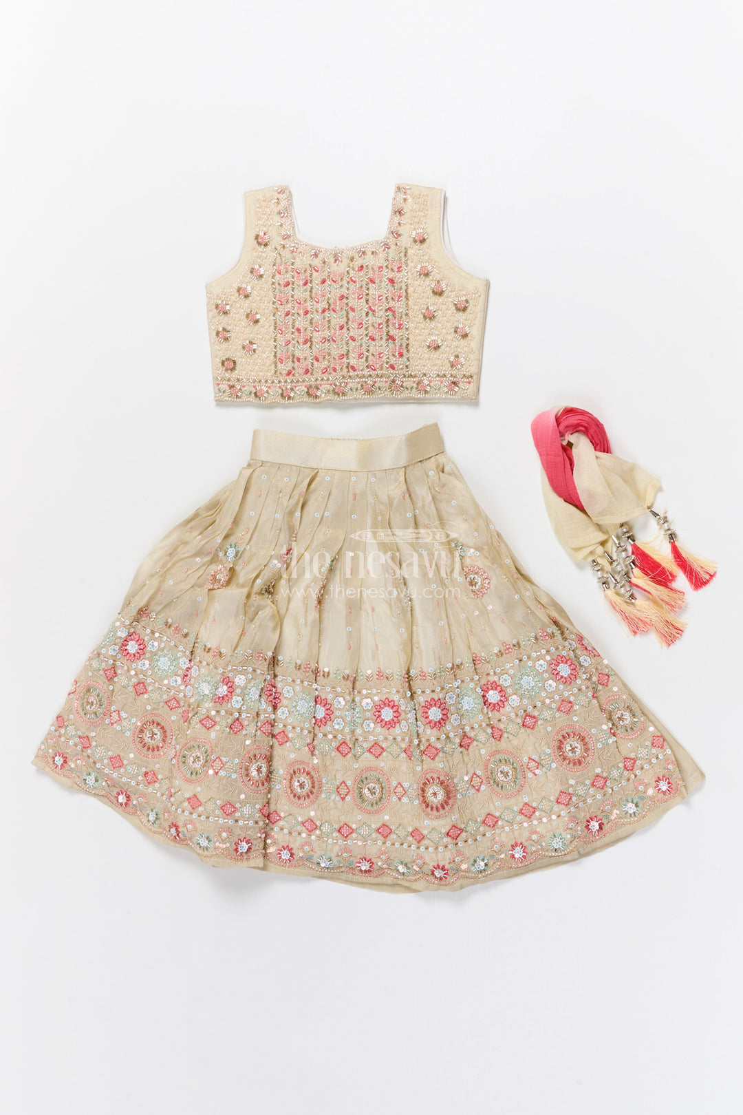 The Nesavu Girls Lehenga Choli Reception Lehenga for Girls Sequinned Party Look Nesavu Nesavu Girls Cream Pink Reception Lehenga Choli Sequin Embellishments Gold Embroidery