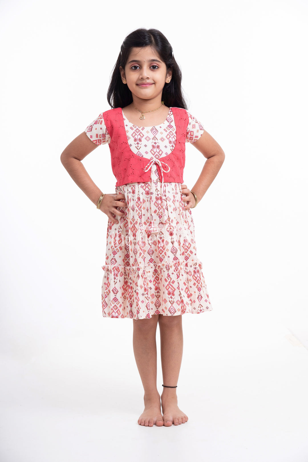 The Nesavu Girls Cotton Frock Red and Cream Geometric Print Dress with Embroidered Bodice for Girls Nesavu Red and Cream Geometric Print Dress with Embroidered Bodice for Girls - Stylish & Comfortable