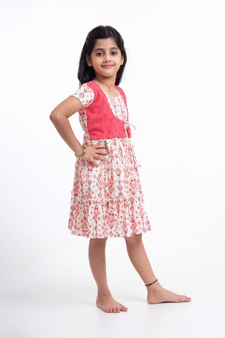 The Nesavu Girls Cotton Frock Red and Cream Geometric Print Dress with Embroidered Bodice for Girls Nesavu Red and Cream Geometric Print Dress with Embroidered Bodice for Girls - Stylish & Comfortable | The Nesavu