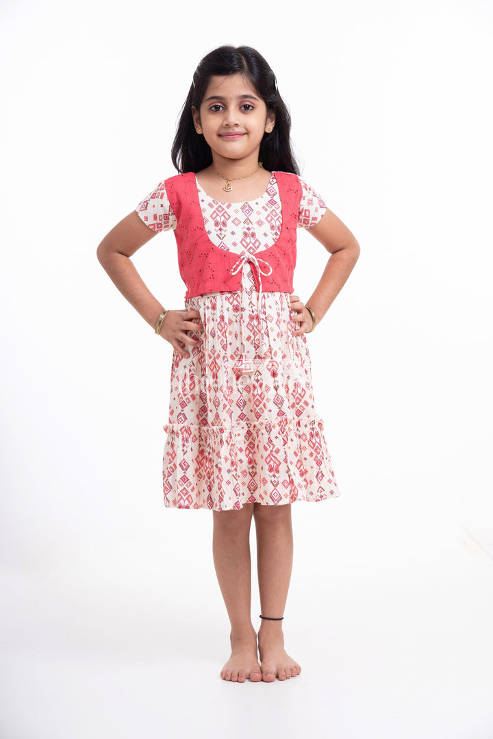 The Nesavu Girls Cotton Frock Red and Cream Geometric Print Dress with Embroidered Bodice for Girls Nesavu Red and Cream Geometric Print Dress with Embroidered Bodice for Girls - Stylish & Comfortable | The Nesavu