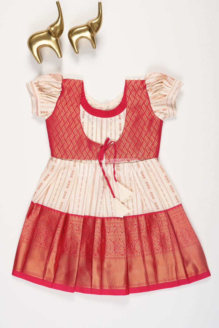 The Nesavu Girls Kanchi Silk Frock Red and Cream Semi Kanchivaram Silk Frock with Brocade Bodice and Puff Sleeves for Girls Nesavu 14 (6M) / Red / Style 1 SF852AA-14 Nesavu Red Cream Semi Kanchivaram Silk Frock Brocade Puff Sleeves Girls Festive Wear