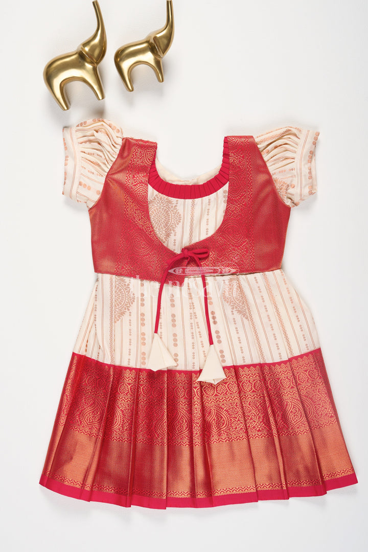 The Nesavu Girls Kanchi Silk Frock Red and Cream Semi Kanchivaram Silk Frock with Brocade Bodice and Puff Sleeves for Girls Nesavu 14 (6M) / Red / Style 3 SF852AC-14 Nesavu Red Cream Semi Kanchivaram Silk Frock Brocade Puff Sleeves Girls Festive Wear