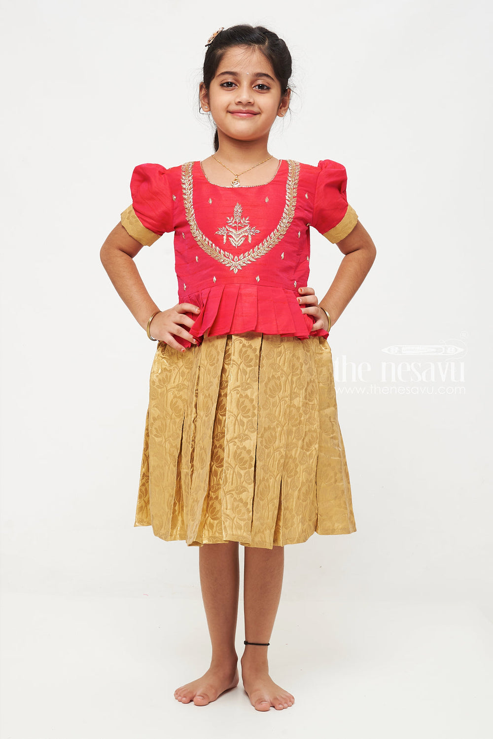 The Nesavu Silk Party Frock Red and Gold Banarasi SemiSilk Dress for Girls  Ideal for Dussehra and Diwali Nesavu 16 (1Y) / Red SF782E-16 Red and Gold Banarasi Semi-Silk Dress for Girls - Dussehra and Diwali