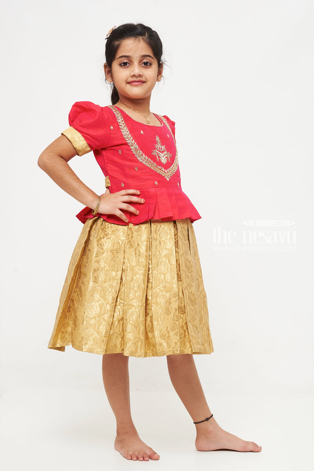 The Nesavu Silk Party Frock Red and Gold Banarasi SemiSilk Dress for Girls  Ideal for Dussehra and Diwali Nesavu Red and Gold Banarasi Semi-Silk Dress for Girls - Dussehra and Diwali