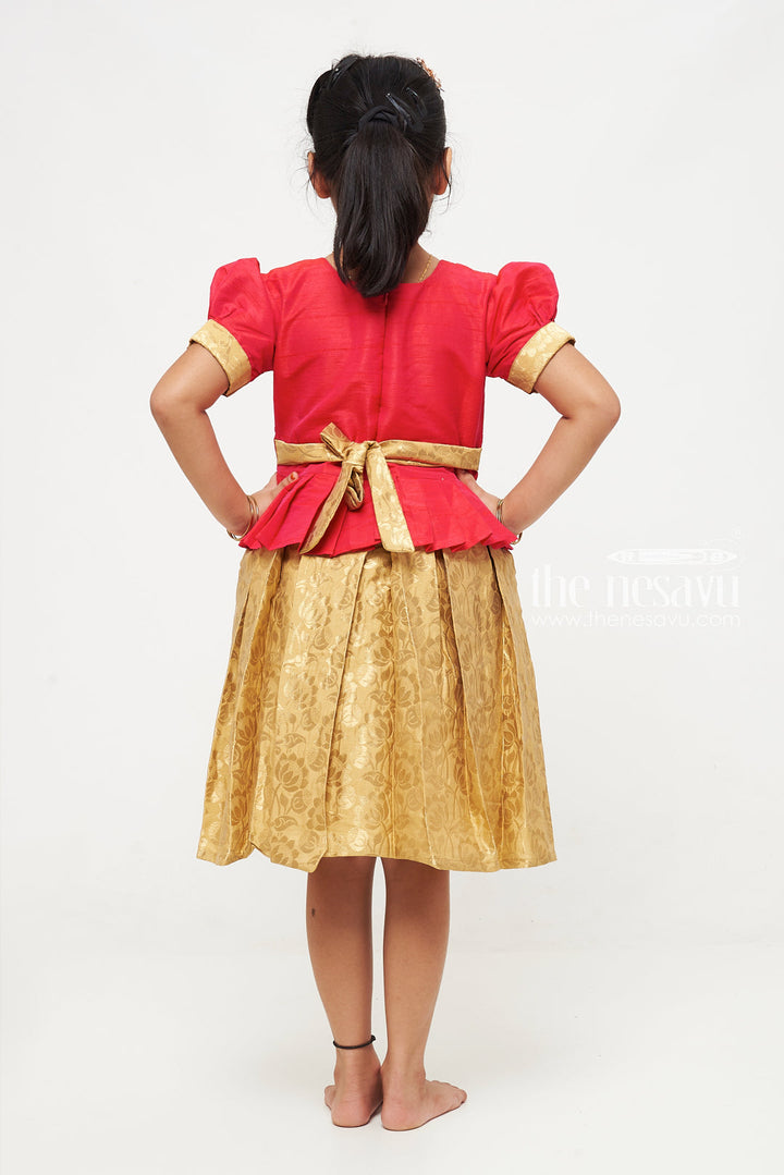 The Nesavu Silk Party Frock Red and Gold Banarasi SemiSilk Dress for Girls  Ideal for Dussehra and Diwali Nesavu Red and Gold Banarasi Semi-Silk Dress for Girls - Dussehra and Diwali