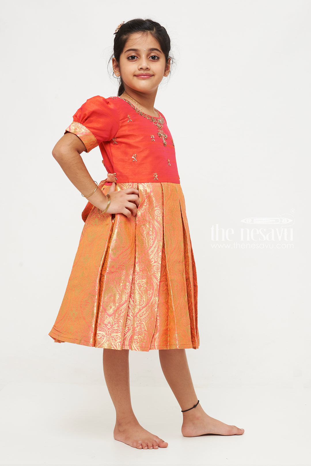 The Nesavu Silk Party Frock Red and Orange Banarasi Semi-Silk Dress for Girls - Perfect for Festive Celebrations Nesavu Red and Orange Banarasi Semi-Silk Dress for Girls - Festive Celebrations