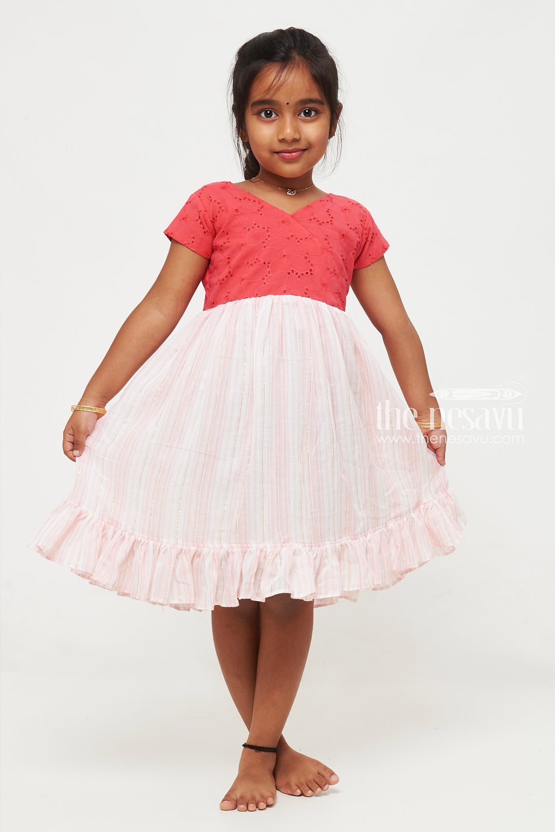 The Nesavu Girls Cotton Frock Red and Pink Cotton Hakoba Yoke Casual Frock for Girls Nesavu 16 (1Y) / Pink GFC1340A-16 Red and Pink Cotton Hakoba Yoke Casual Frock for Girls - Comfortable & Stylish | The Nesavu