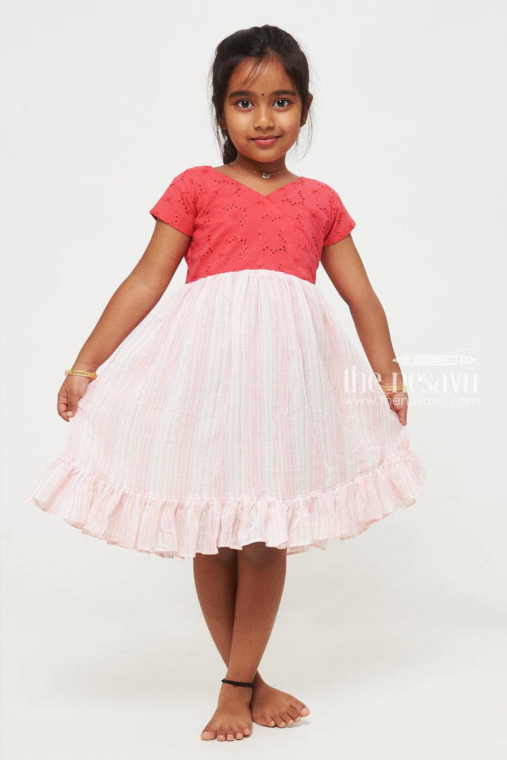The Nesavu Girls Cotton Frock Red and Pink Cotton Hakoba Yoke Casual Frock for Girls Nesavu 16 (1Y) / Pink GFC1340A-16 Red and Pink Cotton Hakoba Yoke Casual Frock for Girls - Comfortable & Stylish | The Nesavu