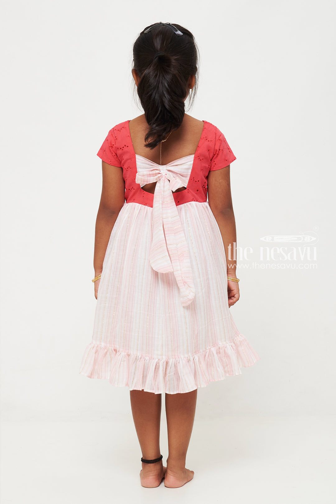 The Nesavu Girls Cotton Frock Red and Pink Cotton Hakoba Yoke Casual Frock for Girls Nesavu Red and Pink Cotton Hakoba Yoke Casual Frock for Girls - Comfortable & Stylish | The Nesavu