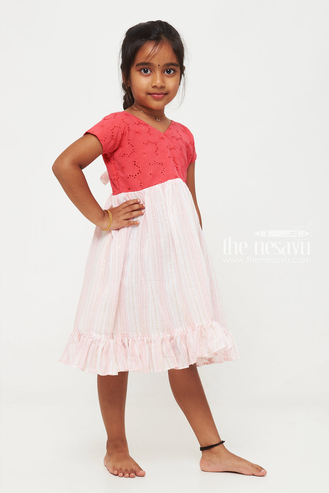 The Nesavu Girls Cotton Frock Red and Pink Cotton Hakoba Yoke Casual Frock for Girls Nesavu Red and Pink Cotton Hakoba Yoke Casual Frock for Girls - Comfortable & Stylish | The Nesavu