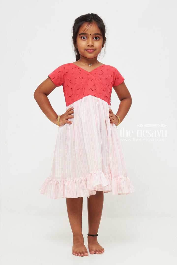 The Nesavu Girls Cotton Frock Red and Pink Cotton Hakoba Yoke Casual Frock for Girls Nesavu Red and Pink Cotton Hakoba Yoke Casual Frock for Girls - Comfortable & Stylish | The Nesavu