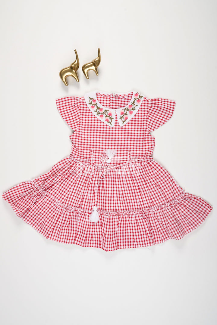 The Nesavu Girls Cotton Frock Red and White Checked Cotton Frock for Girls with Floral Embroidery and Peter Pan Collar Nesavu 20 (3Y) / Red GFC1395B-20 Red and White Checked Cotton Frock for Girls with Floral Embroidery and Peter Pan Collar Nesavu