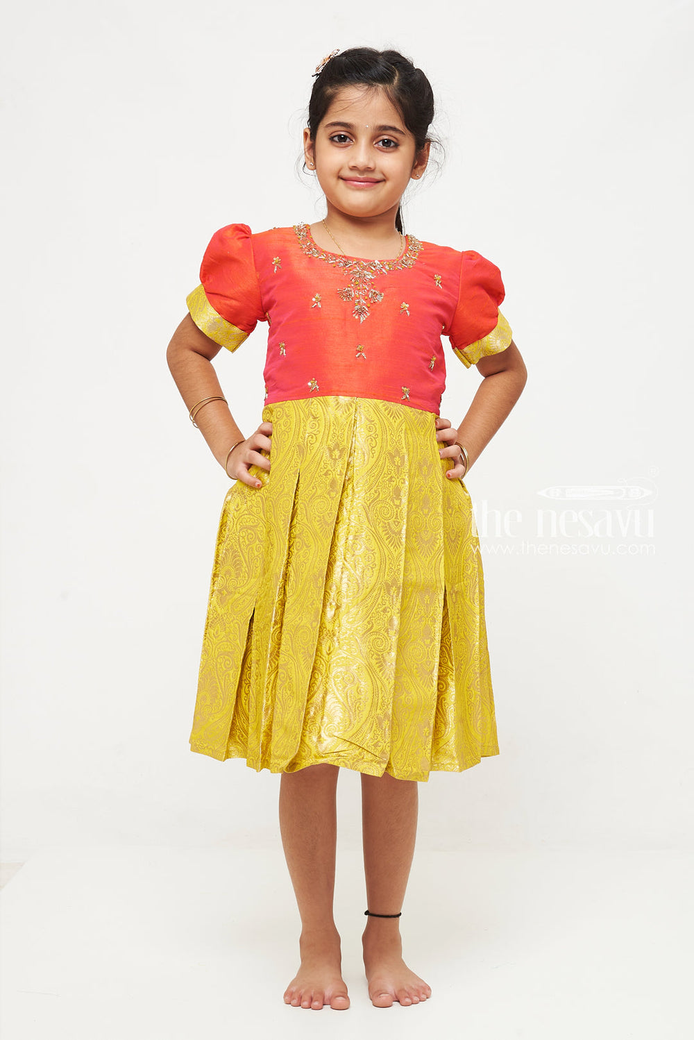 The Nesavu Silk Party Frock Red and Yellow Banarasi Semi-Silk Dress for Girls - Perfect for Navratri and Diwali Nesavu Red and Yellow Banarasi Semi-Silk Dress for Girls - Navratri and Diwali