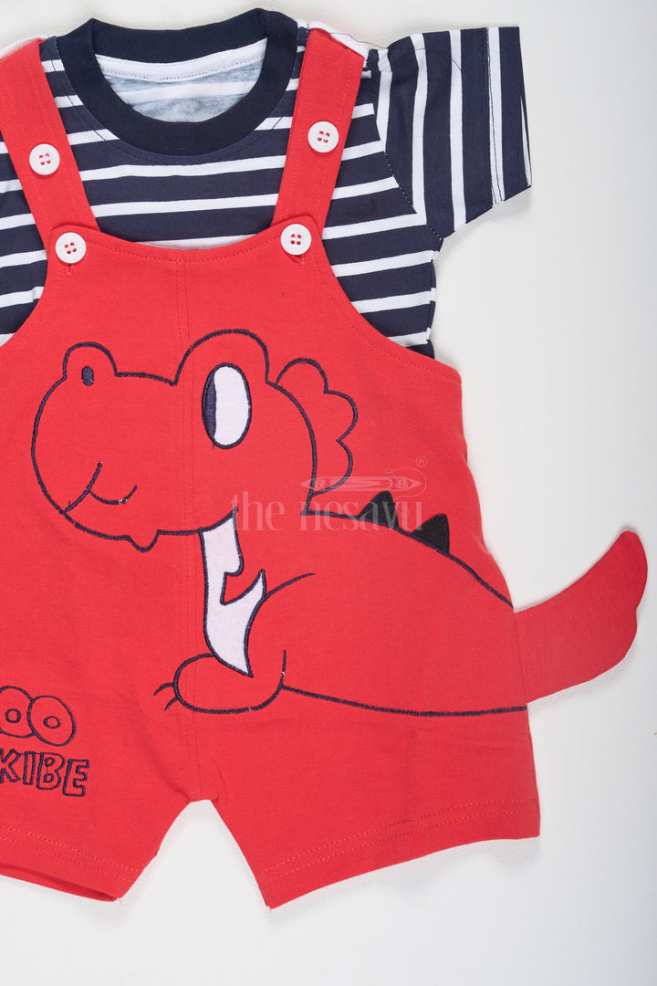 The Nesavu Baby Dungarees Red Baby Dungarees with Dinosaur Graphic and Striped T-Shirt for Boys Nesavu Red Baby Dungarees Dinosaur Tail Black Striped T-Shirt Nesavu Boys Fun Stylish Outfit