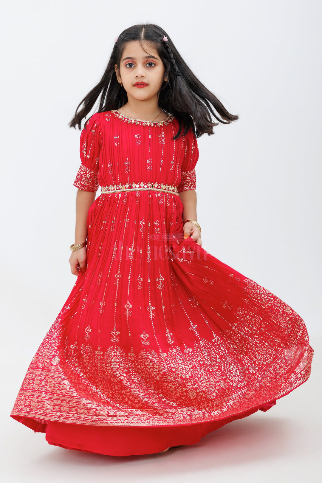 The Nesavu Girls Silk Gown Red Bamboo Silk Gown with Puff Sleeves and Embroidered Waistline Nesavu 24 (5Y) / Red GA239A-24 Red Bamboo Silk Gown with Puff Sleeves - Nesavu