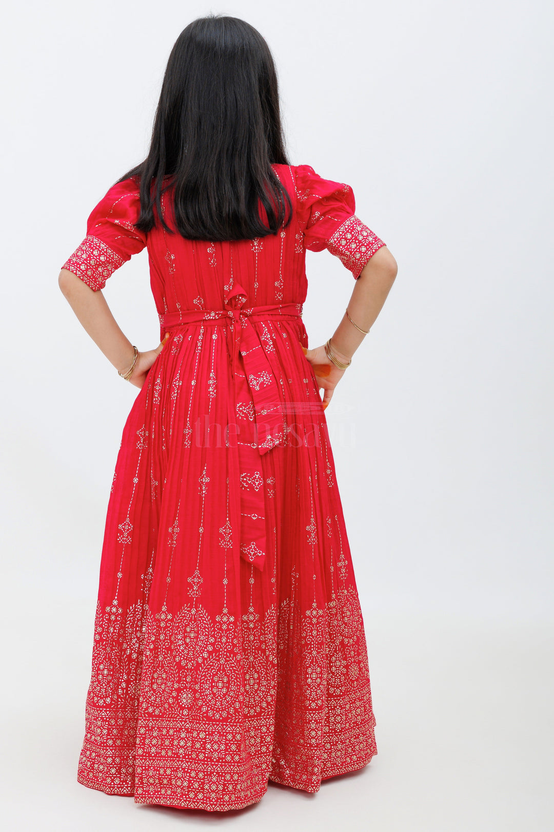 The Nesavu Girls Silk Gown Red Bamboo Silk Gown with Puff Sleeves and Embroidered Waistline Nesavu Red Bamboo Silk Gown with Puff Sleeves - Nesavu