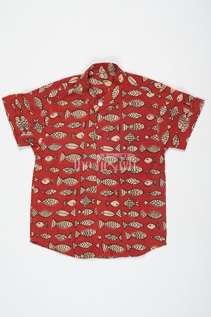 The Nesavu Boys Cotton Shirt Red Boys Ajarak Block Printed Cotton Shirt Half Sleeves with Fish Motif Comfortable and Stylish Nesavu 16 (1Y) / Red BS202C-16 Red Ajarak Block Print Boys Cotton Shirt Nesavu Fish Motif Half Sleeves Stylish Casual Wear