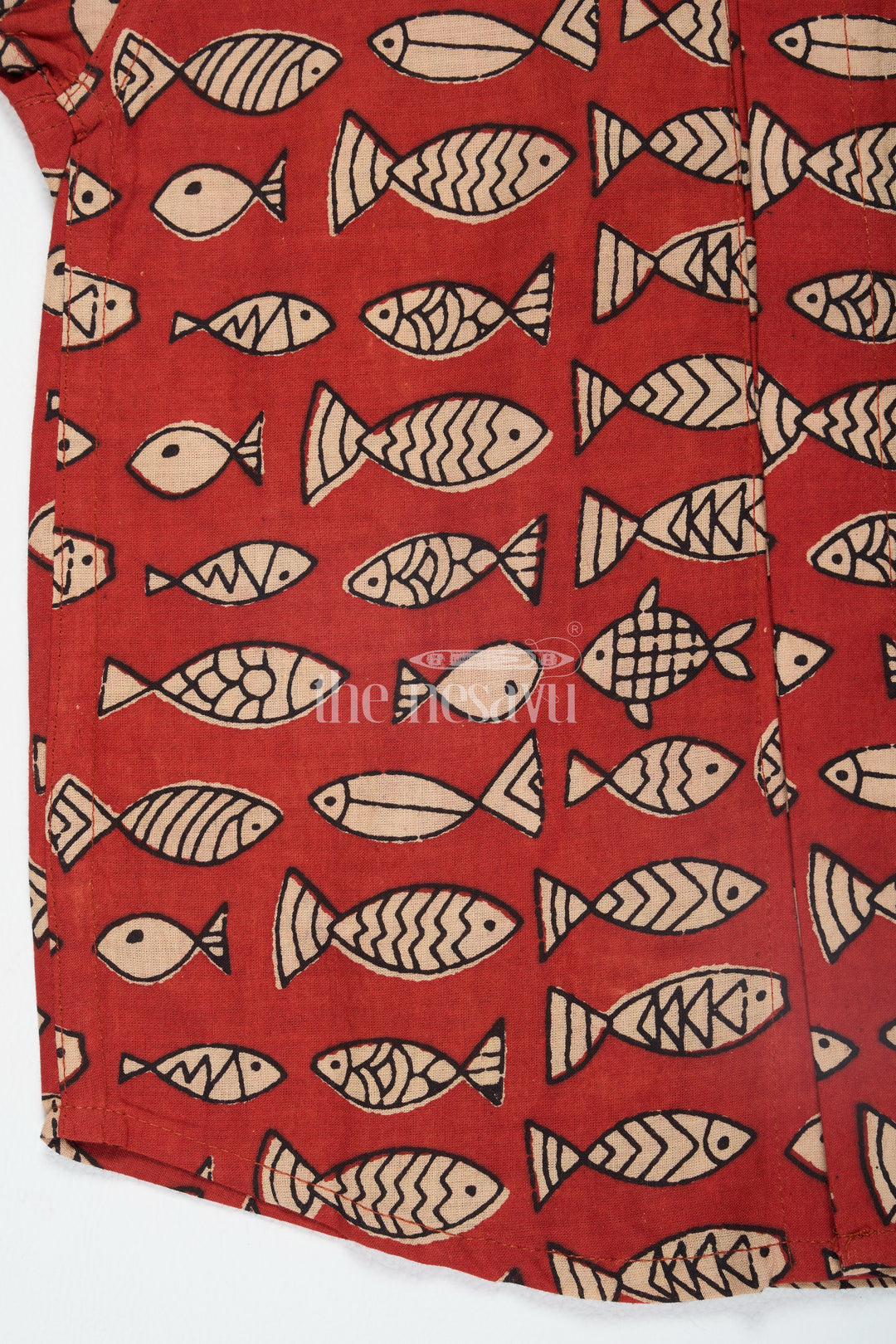 The Nesavu Boys Cotton Shirt Red Boys Ajarak Block Printed Cotton Shirt Half Sleeves with Fish Motif Comfortable and Stylish Nesavu Red Ajarak Block Print Boys Cotton Shirt Nesavu Fish Motif Half Sleeves Stylish Casual Wear