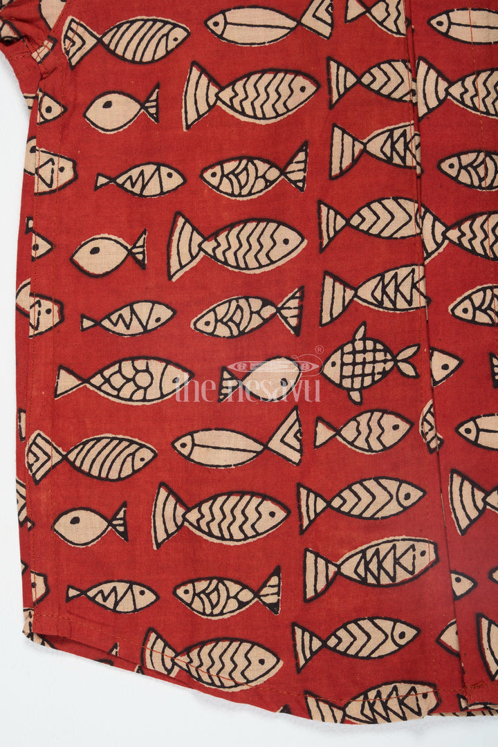 The Nesavu Boys Cotton Shirt Red Boys Ajarak Block Printed Cotton Shirt Half Sleeves with Fish Motif Comfortable and Stylish Nesavu Red Ajarak Block Print Boys Cotton Shirt Nesavu Fish Motif Half Sleeves Stylish Casual Wear