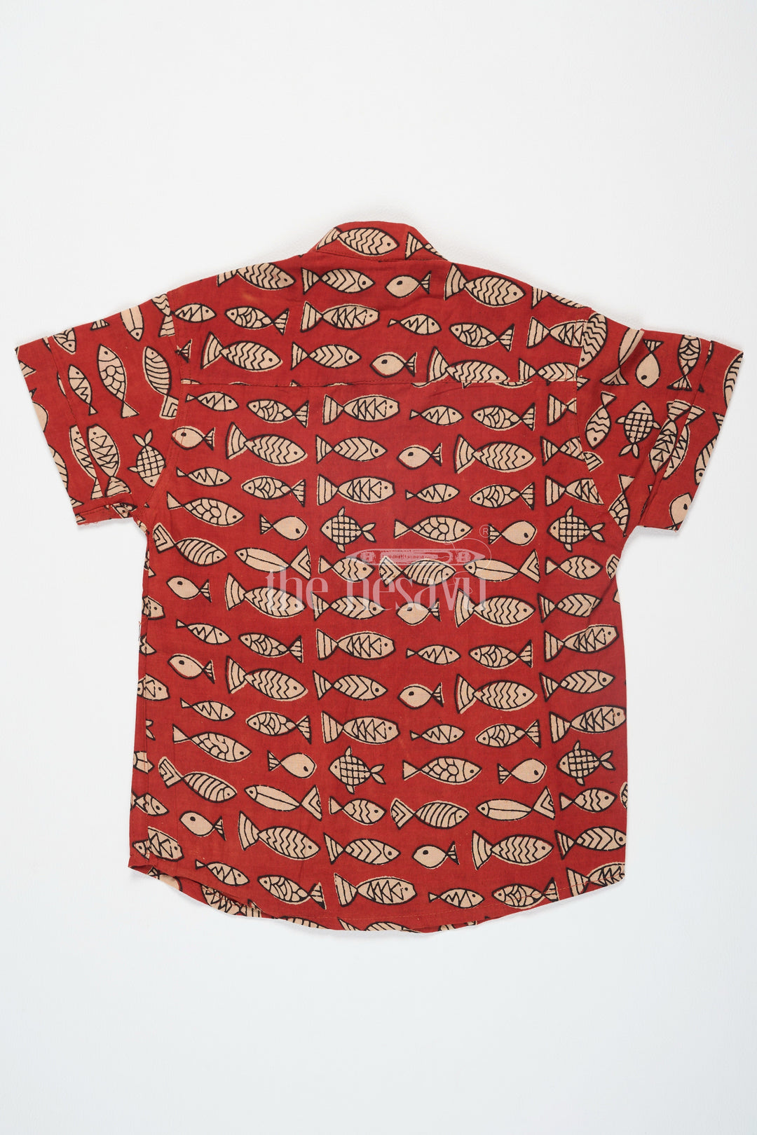 The Nesavu Boys Cotton Shirt Red Boys Ajarak Block Printed Cotton Shirt Half Sleeves with Fish Motif Comfortable and Stylish Nesavu Red Ajarak Block Print Boys Cotton Shirt Nesavu Fish Motif Half Sleeves Stylish Casual Wear