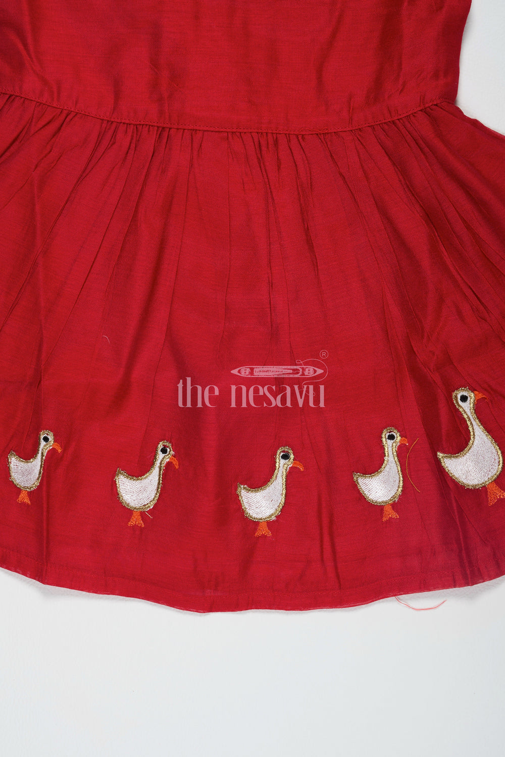 The Nesavu Girls Cotton Frock Red Chanderi Cotton Frock for Girls with Duck Embroidery – Playful Casual Dress Nesavu Red Chanderi Cotton Frock Girls Duck Embroidery Playful Casual Nesavu