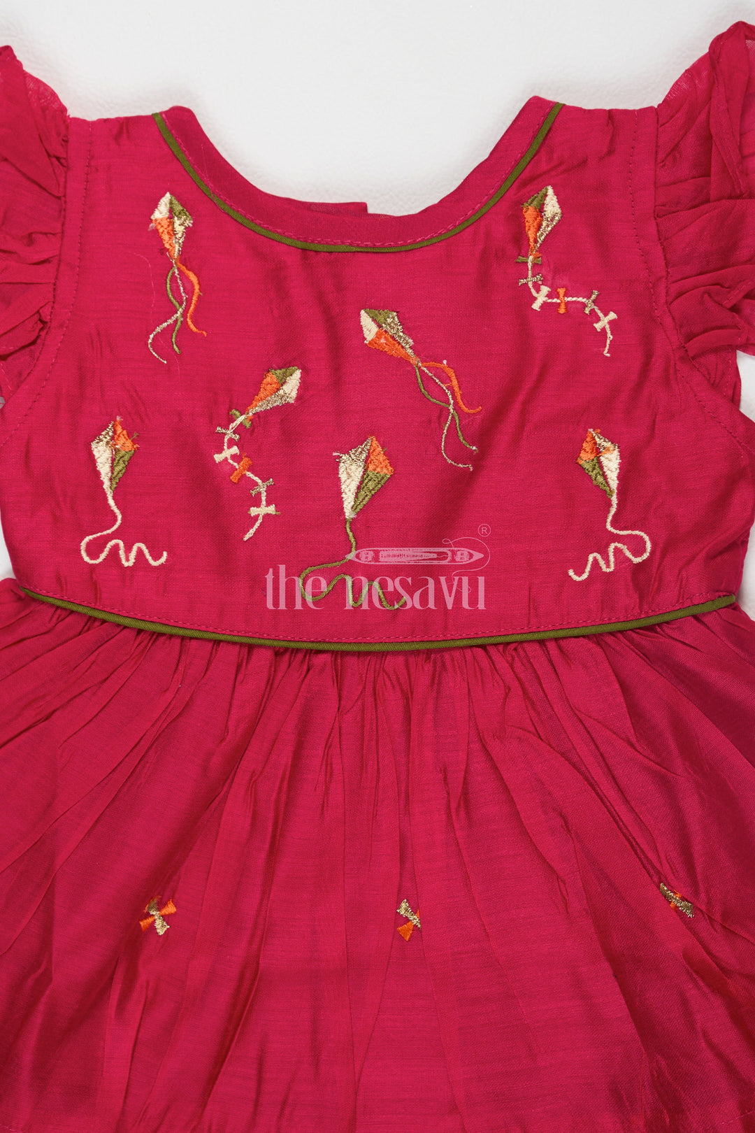 The Nesavu Girls Cotton Frock Red Chanderi Cotton Frock for Girls with Kite Embroidery – Fun and Playful Festive Outfit Nesavu Red Chanderi Cotton Frock Kite Embroidery Girls Playful Festive Wear Nesavu