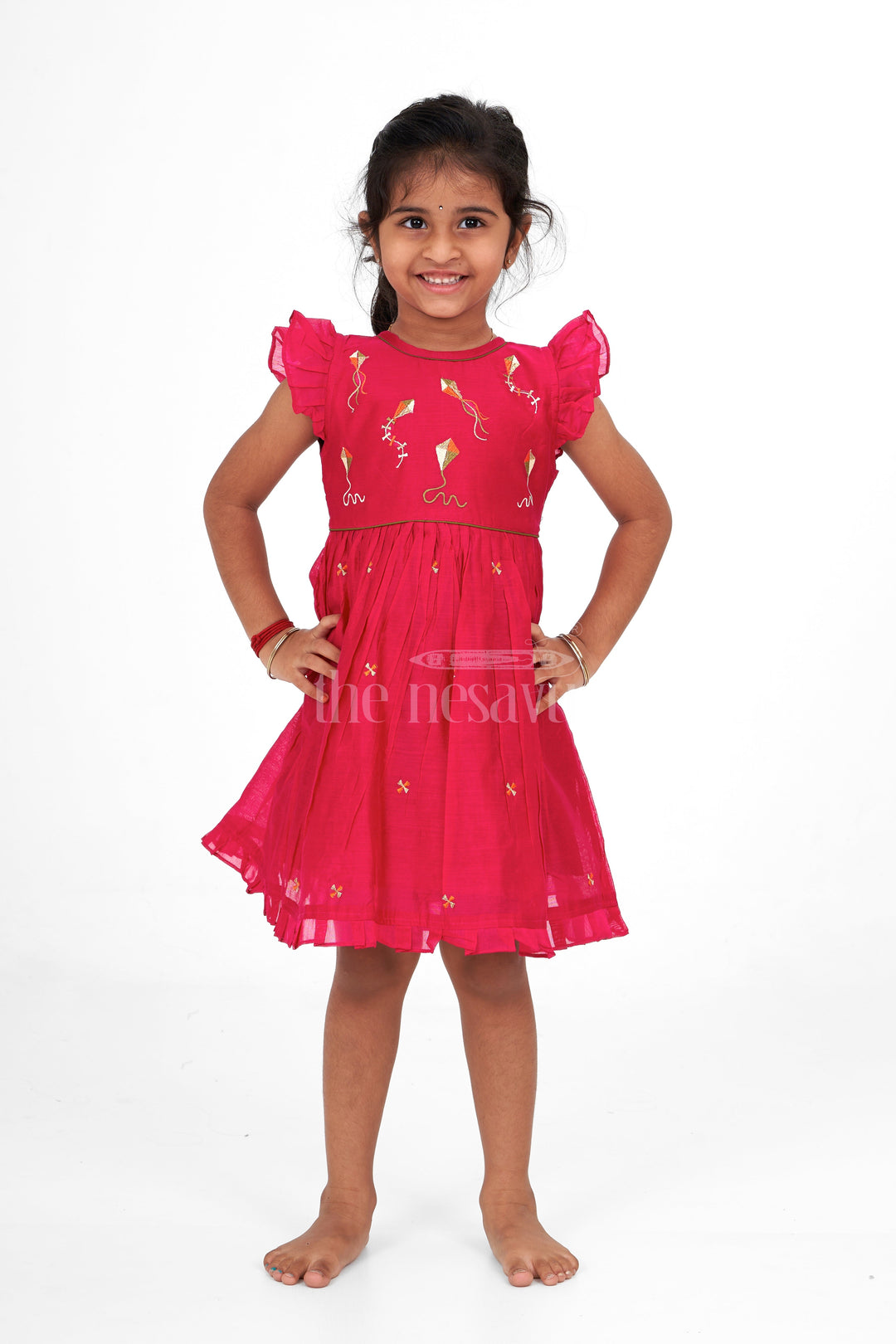 The Nesavu Girls Cotton Frock Red Chanderi Cotton Frock for Girls with Kite Embroidery – Fun and Playful Festive Outfit Nesavu Red Chanderi Cotton Frock Kite Embroidery Girls Playful Festive Wear Nesavu