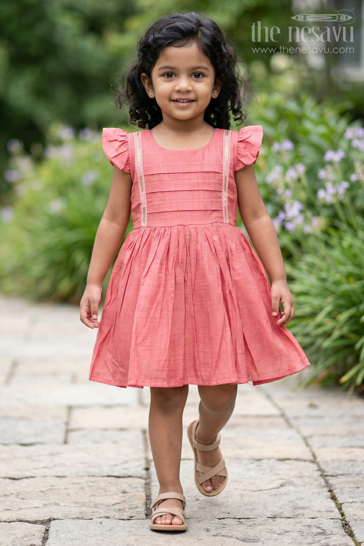 The Nesavu Girls Chanderi Frock Red Chanderi Frock for Girls with Ruffled Sleeves and Pleated Bodice Perfect for Night Party Nesavu 16 (1Y) / Red GFC1476D-16 Nesavu Red Chanderi Frock Girls Ruffled Sleeves Ideal Festive Night Parties