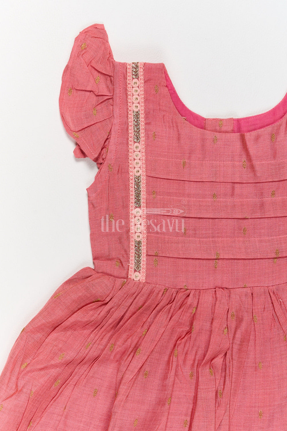 The Nesavu Girls Cotton Frock Red Chanderi Frock for Girls with Ruffled Sleeves and Pleated Bodice Perfect for Night Party Nesavu Nesavu Red Chanderi Frock Girls Ruffled Sleeves Ideal Festive Night Parties