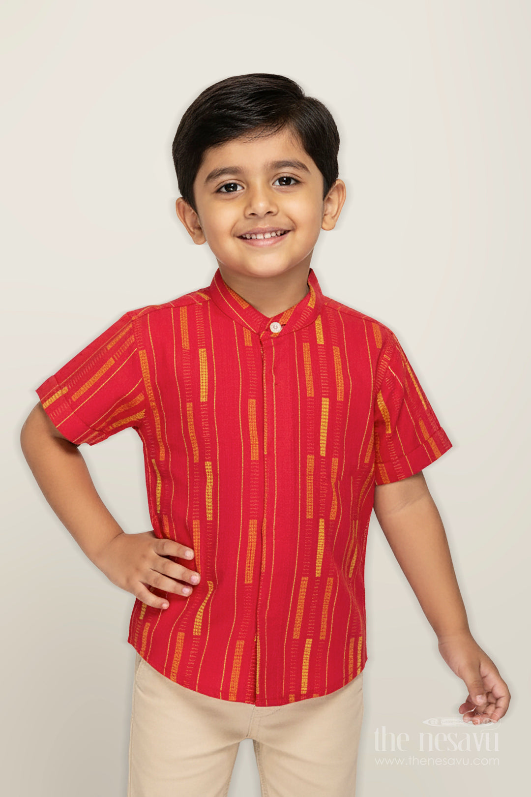 The Nesavu Boys Cotton Shirt Red Cotton Dobby Boys Shirt for Festive Wear and Family Functions Nesavu 16 (1Y) / Red BS305A-16 Nesavu Boys Red Cotton Dobby Shirt Festive Ethnic Wear Stripes Weddings Functions