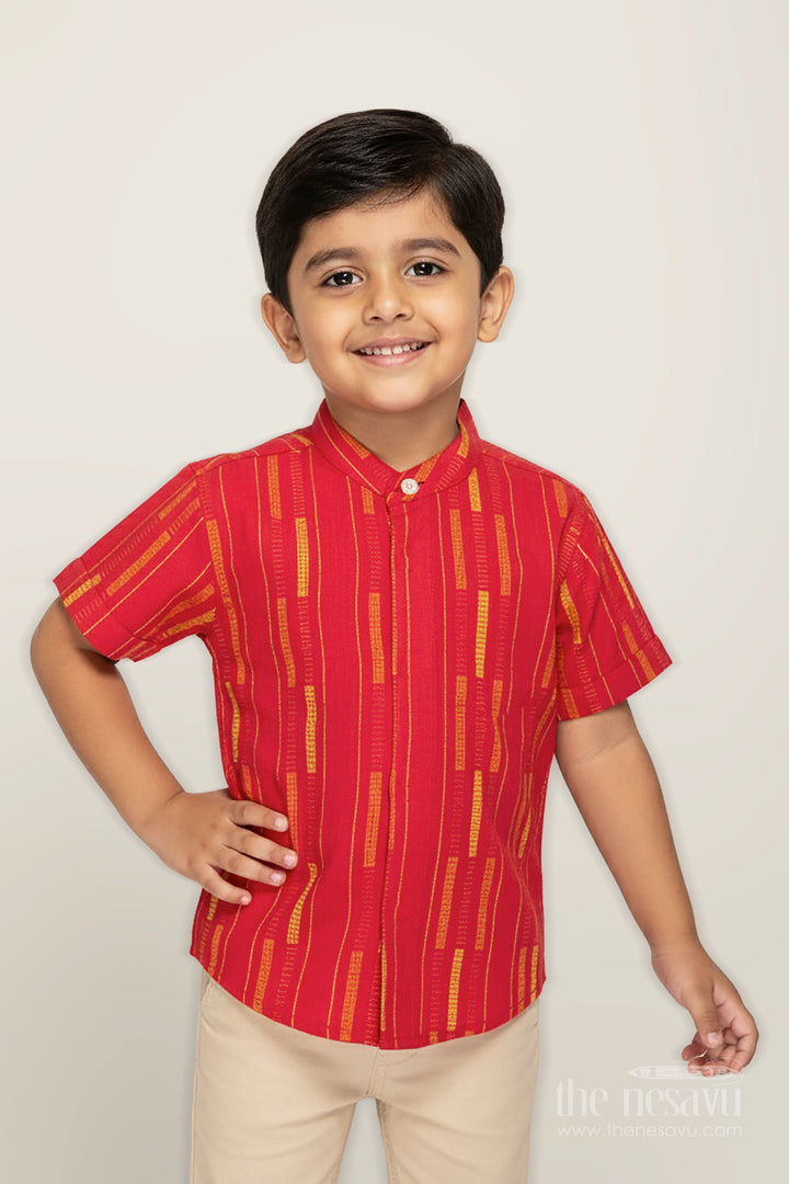The Nesavu Boys Cotton Shirt Red Cotton Dobby Boys Shirt for Festive Wear and Family Functions Nesavu 16 (1Y) / Red BS305A-16 Nesavu Boys Red Cotton Dobby Shirt Festive Ethnic Wear Stripes Weddings Functions