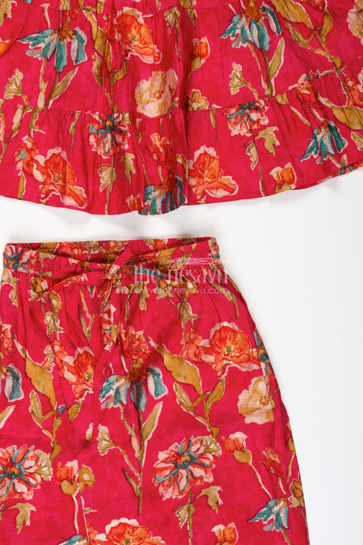 The Nesavu Girls Sharara / Plazo Set Red Cotton Sharara Set for Toddler Girls for Weddings and Festive Functions Nesavu Nesavu red cotton sharara set for toddler girls with flared kurti and festive digital print