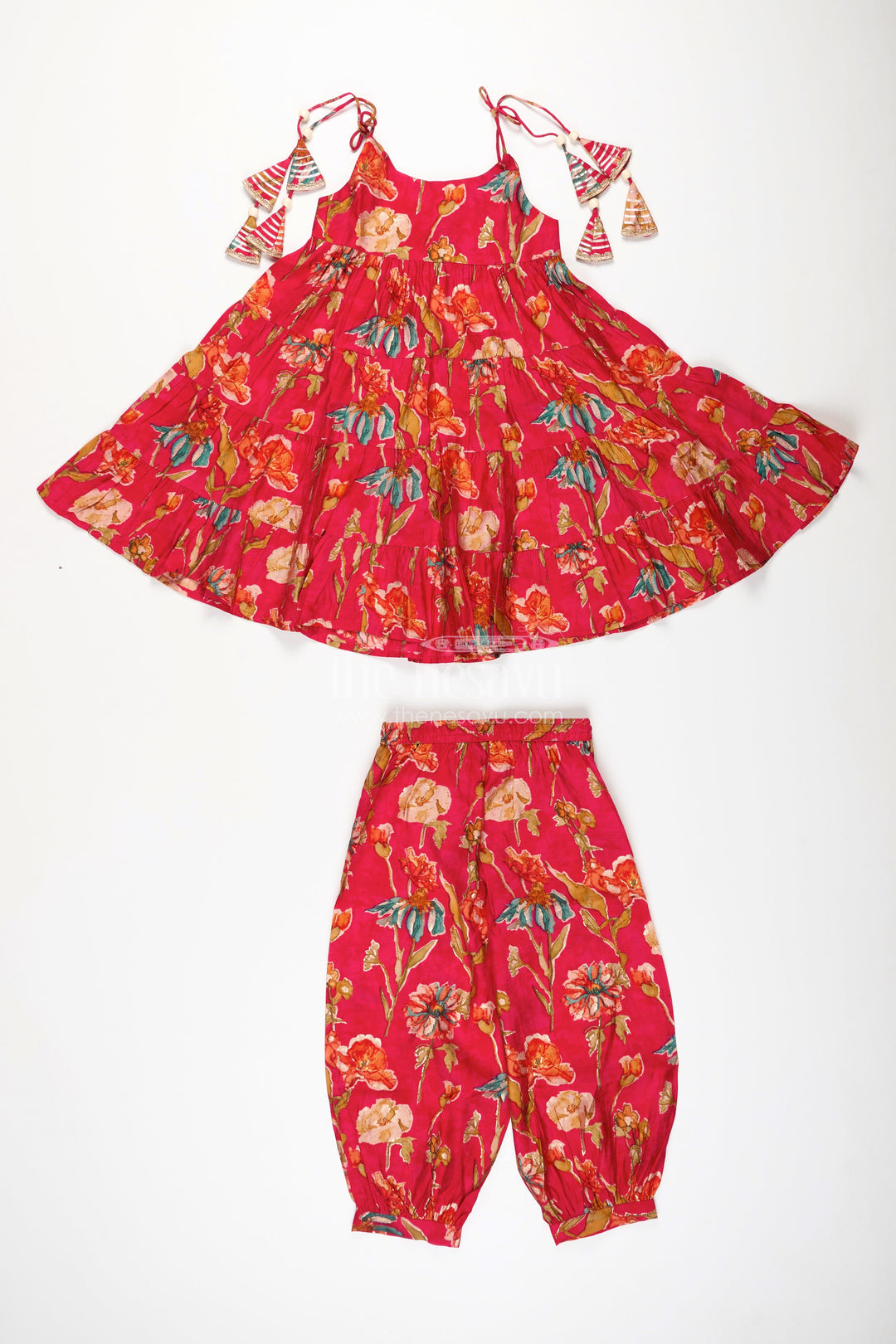 The Nesavu Girls Sharara / Plazo Set Red Cotton Sharara Set for Toddler Girls for Weddings and Festive Functions Nesavu Nesavu red cotton sharara set for toddler girls with flared kurti and festive digital print