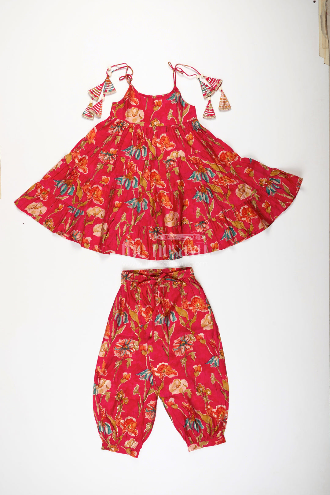 The Nesavu Girls Sharara / Plazo Set Red Cotton Sharara Set for Toddler Girls for Weddings and Festive Functions Nesavu Nesavu red cotton sharara set for toddler girls with flared kurti and festive digital print