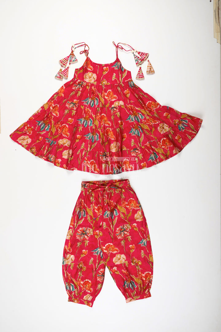 The Nesavu Girls Sharara / Plazo Set Red Cotton Sharara Set for Toddler Girls for Weddings and Festive Functions Nesavu Nesavu red cotton sharara set for toddler girls with flared kurti and festive digital print