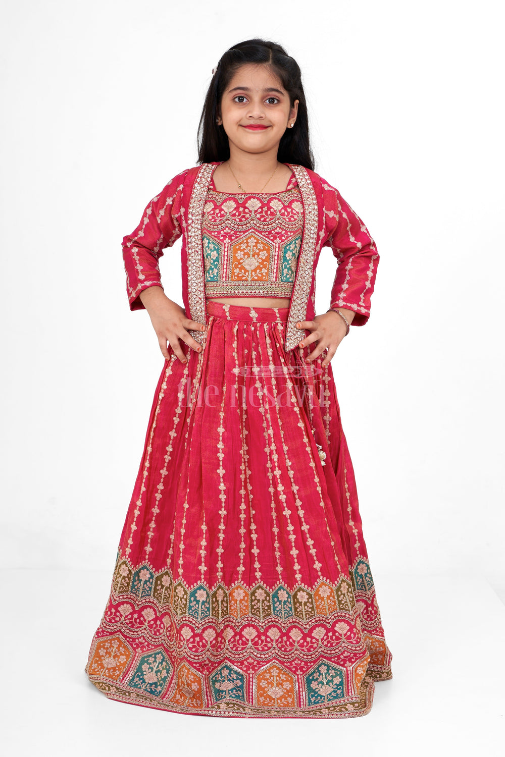 The Nesavu Girls Lehenga Choli Red Dress for Christmas Party Featuring Elegant Placement Print on Pure Viscose Silk Nesavu Nesavu Red Dress Christmas Party Elegant Placement Prints Viscose Silk