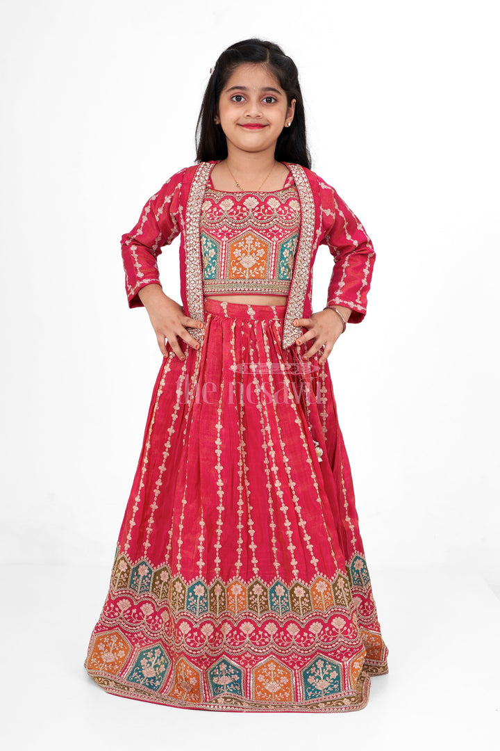 The Nesavu Girls Lehenga Choli Red Dress for Christmas Party Featuring Elegant Placement Print on Pure Viscose Silk Nesavu Nesavu Red Dress Christmas Party Elegant Placement Prints Viscose Silk