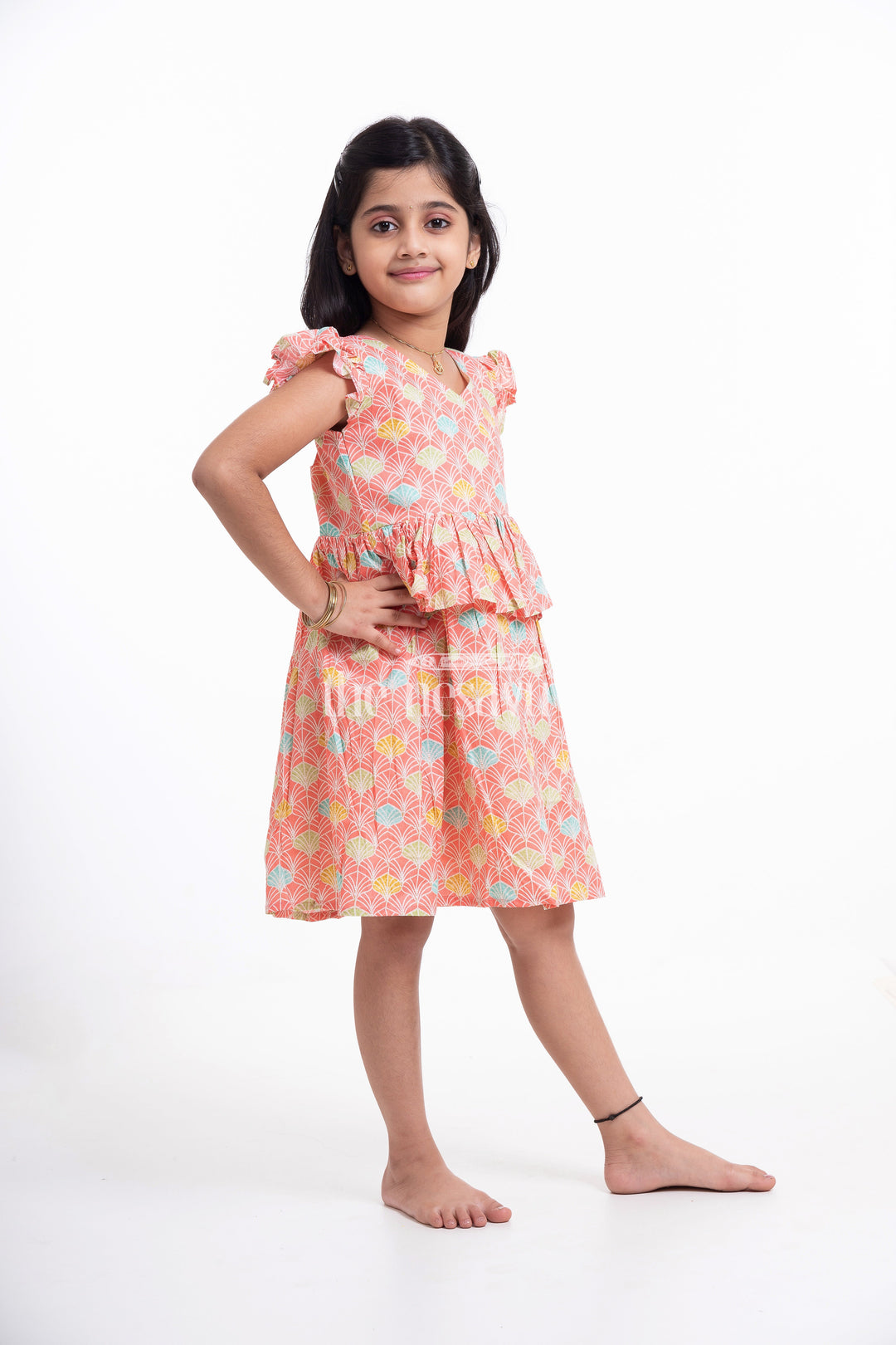 The Nesavu Girls Cotton Frock Red Floral Printed Cotton Frock for Girls Nesavu 16 (1Y) / Peach GFC1336A-16 Red Floral Printed Cotton Frock for Girls - Comfortable & Stylish | The Nesavu