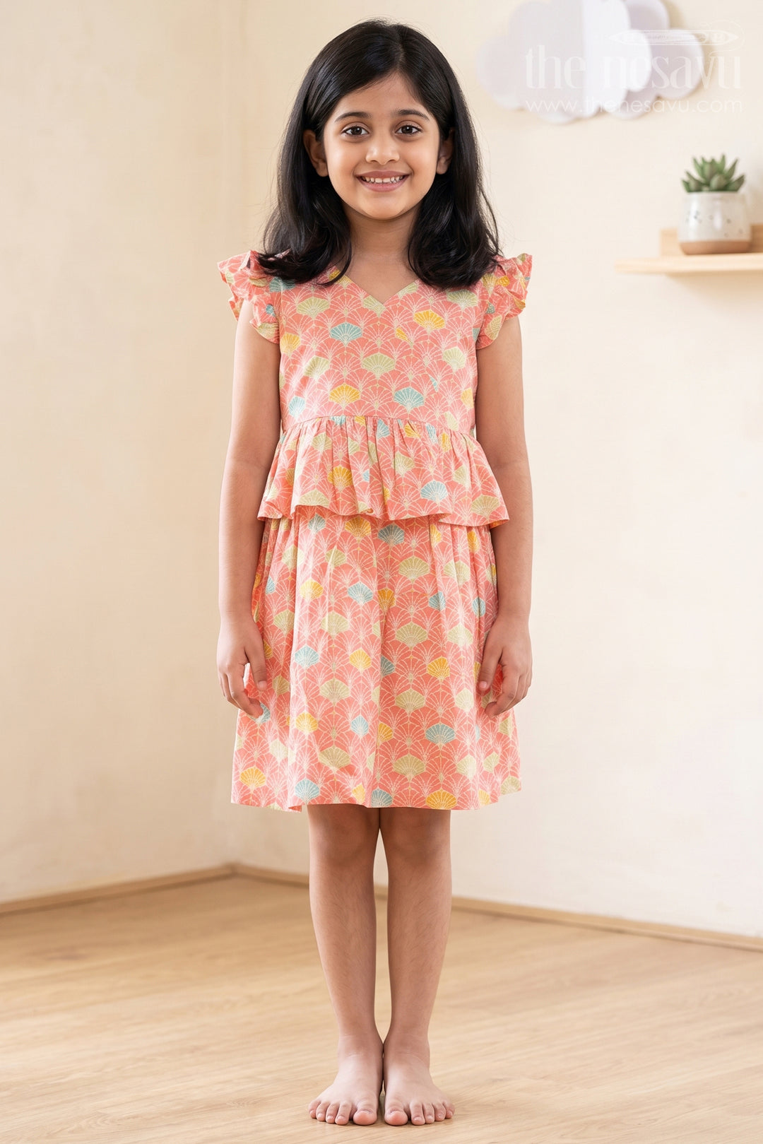 The Nesavu Girls Cotton Frock Red Floral Printed Cotton Frock for Girls Nesavu 16 (1Y) / Peach GFC1336A-16 Red Floral Printed Cotton Frock for Girls - Comfortable & Stylish | The Nesavu