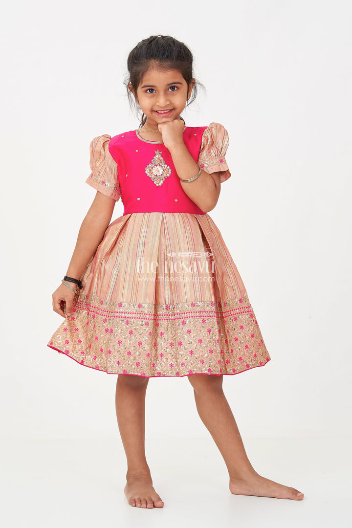 The Nesavu Silk Party Frock Red Frocks for Girls with Gold Tissue Silk Skirt and Heavy Embellished Floral Yoke for Grand Events Nesavu 16 (1Y) / Pink SF990A-16 Red Frocks for Girls with Gold Tissue Embroidered Skirt and Floral Embellished Silk Bodice | The Nesavu