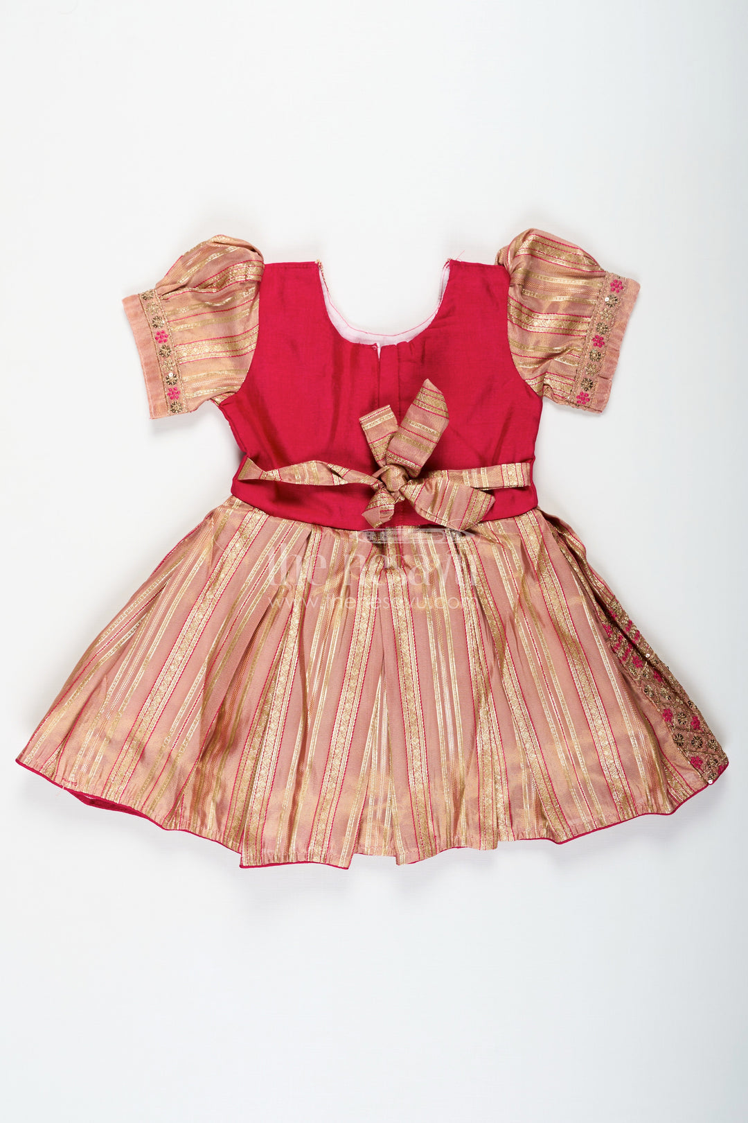 The Nesavu Silk Party Frock Red Frocks for Girls with Gold Tissue Silk Skirt and Heavy Embellished Floral Yoke for Grand Events Nesavu Red Frocks for Girls with Gold Tissue Embroidered Skirt and Floral Embellished Silk Bodice | The Nesavu