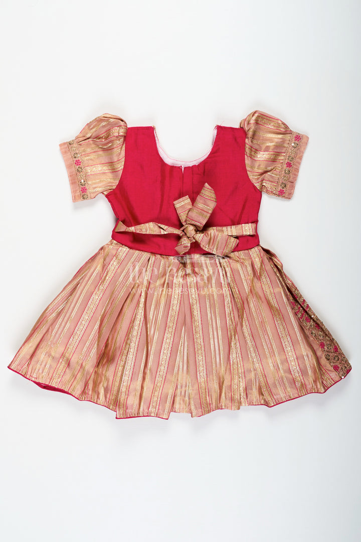 The Nesavu Silk Party Frock Red Frocks for Girls with Gold Tissue Silk Skirt and Heavy Embellished Floral Yoke for Grand Events Nesavu Red Frocks for Girls with Gold Tissue Embroidered Skirt and Floral Embellished Silk Bodice | The Nesavu