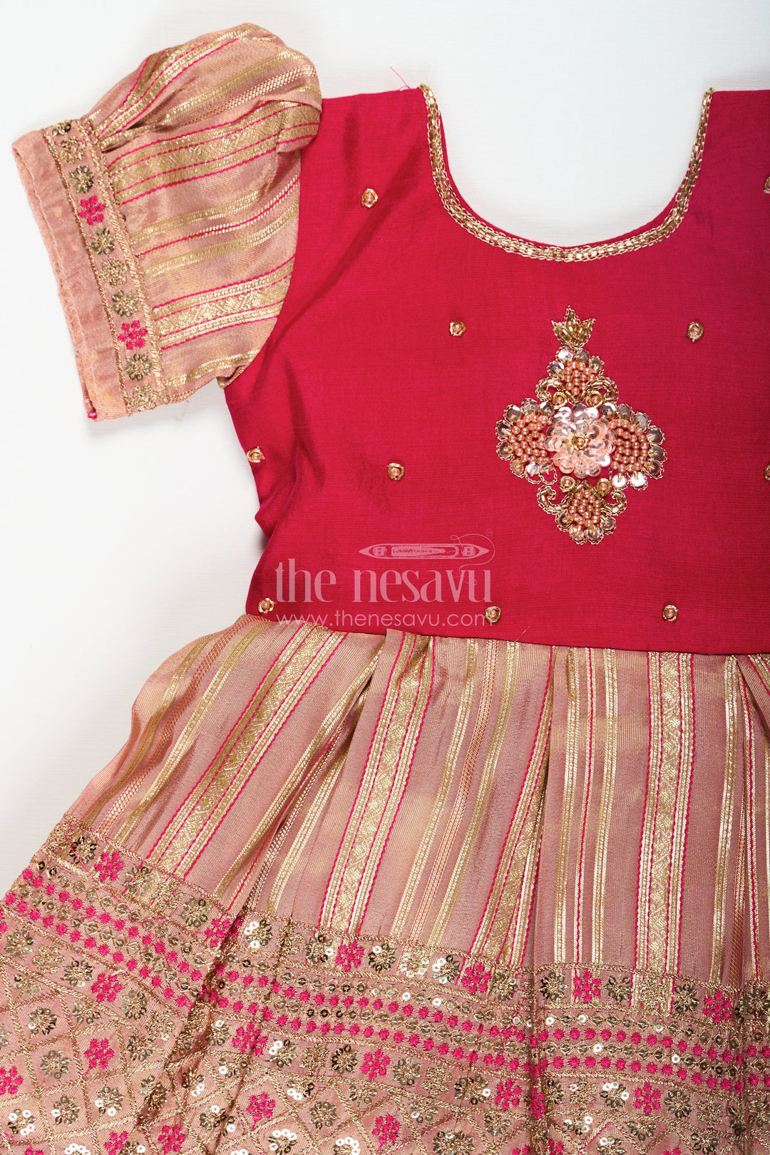 The Nesavu Silk Party Frock Red Frocks for Girls with Gold Tissue Silk Skirt and Heavy Embellished Floral Yoke for Grand Events Nesavu Red Frocks for Girls with Gold Tissue Embroidered Skirt and Floral Embellished Silk Bodice | The Nesavu